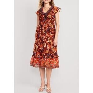 Old Navy Waist Defined Flutter Short Sleeve Floral Midi Dress Rust Red Small